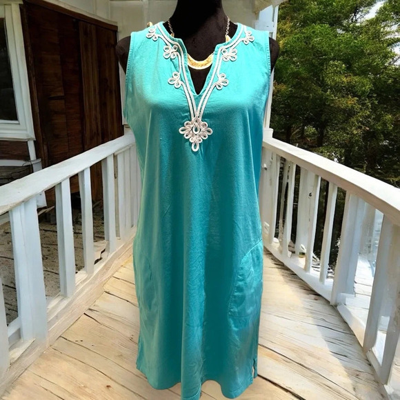Lands End Women' Cotton Jersey Tunic Dress Cover-up Capri Aqua Embroidery‎ - Picture 2 of 9